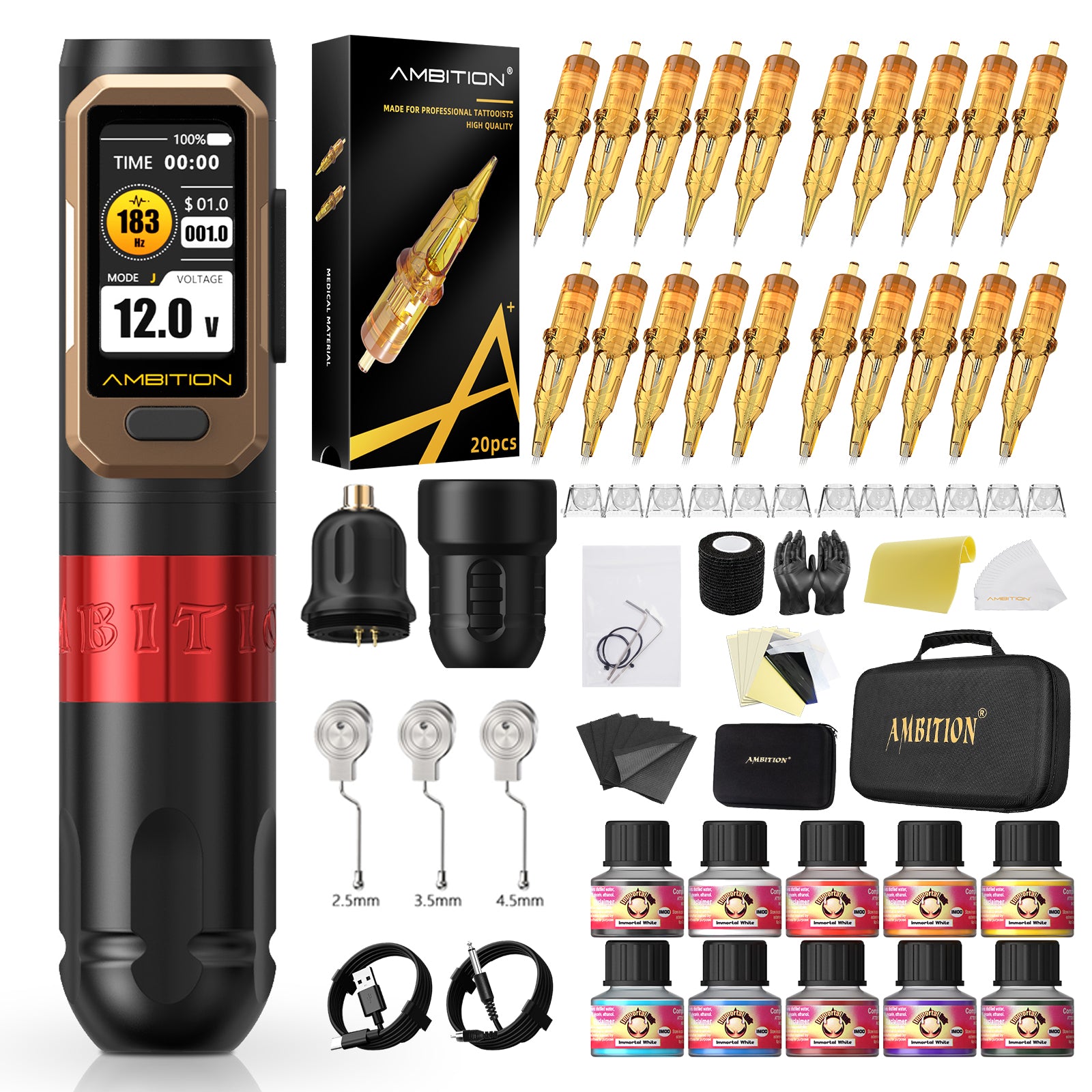 Ambition Vibe Ultra Wireless Tattoo Machine Complete Kit with Cartridges & Tattoo Supplies | 2.5/3.5/4.5mm Stroke