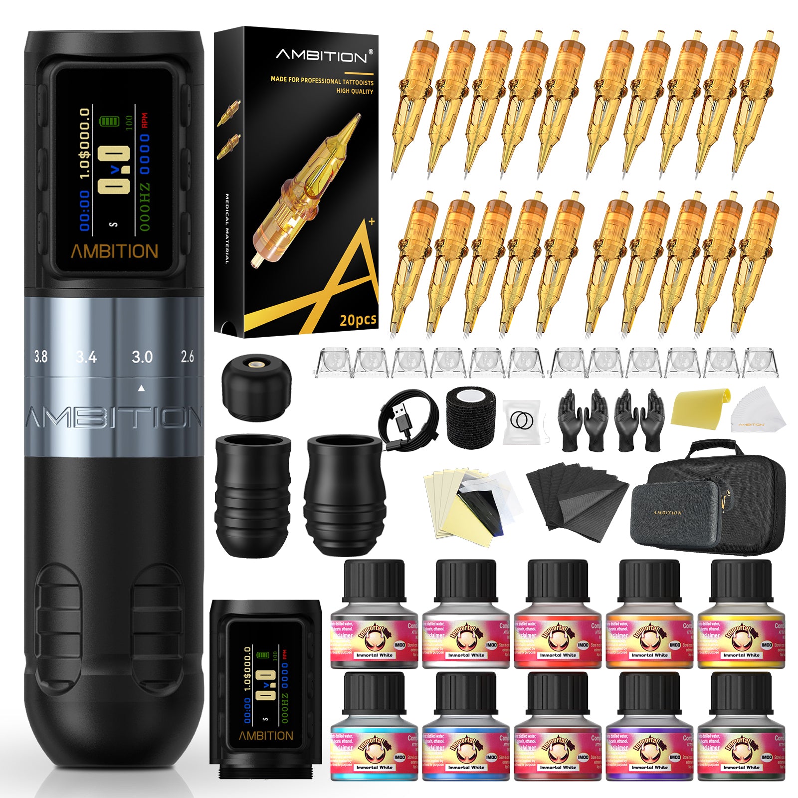 Ambition Paco 2025 Complete Tattoo Kit – Adjustable Stroke Wireless Tattoo Machine Set with Cartridges, Ink & Tattoo Supplies