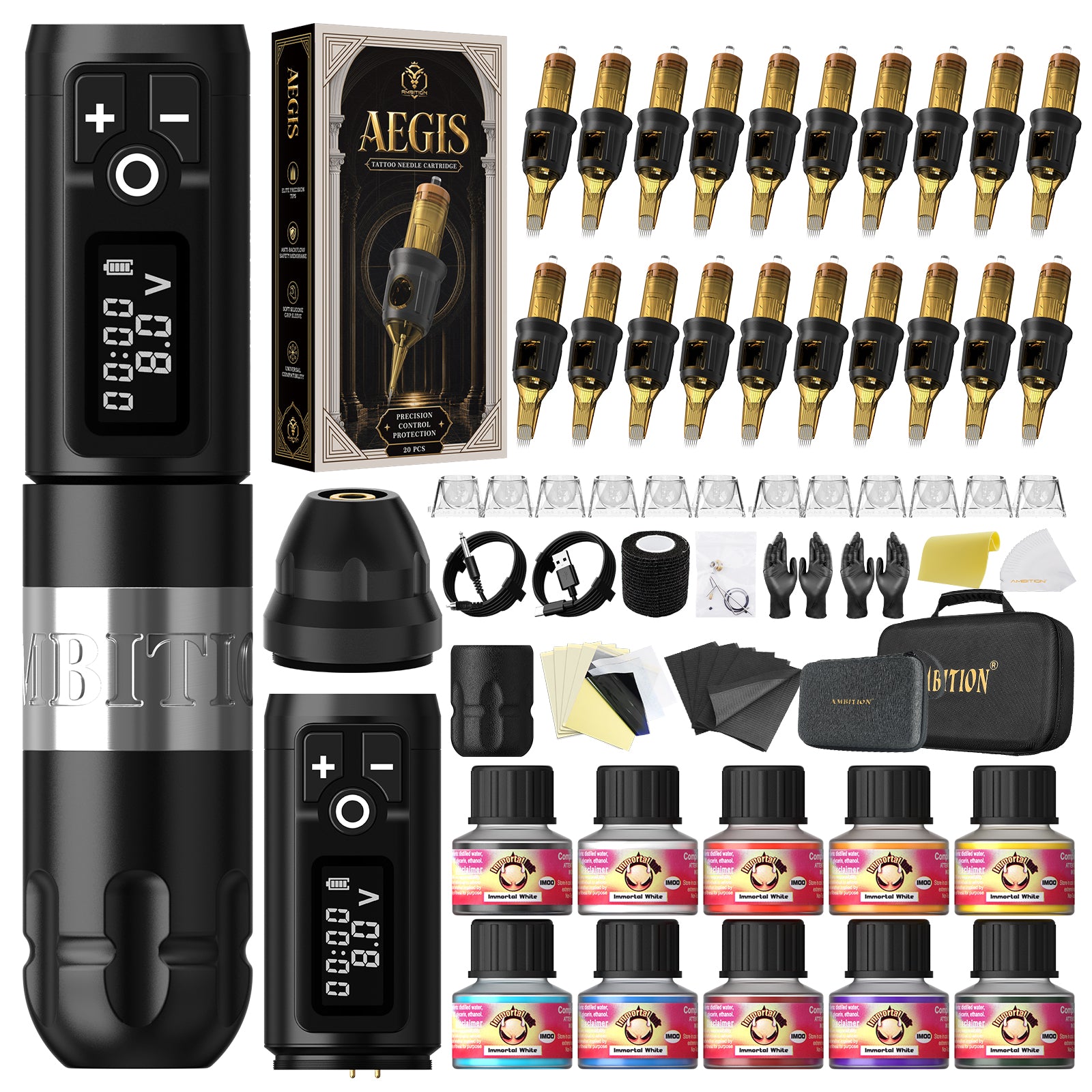 Ambition Soldier Wireless Tattoo Machine Kit with ORE/AEGIS Cartridge Bundle – Complete Tattoo Starter & Professional Setup