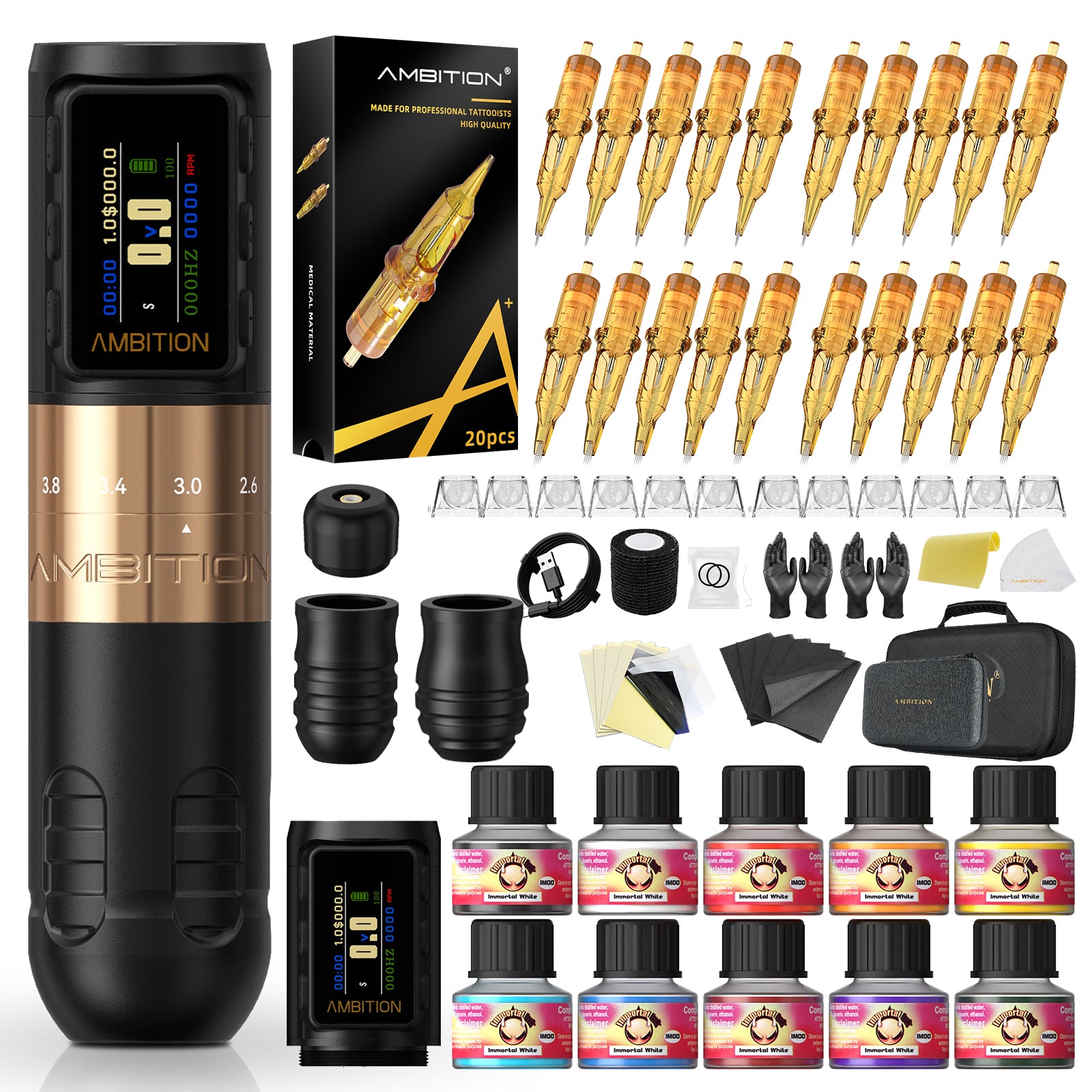 Ambition Paco 2025 Complete Tattoo Kit – Adjustable Stroke Wireless Tattoo Machine Set with Cartridges, Ink & Tattoo Supplies