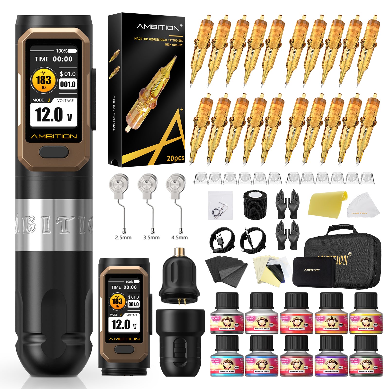 Ambition Vibe Ultra Wireless Tattoo Machine Complete Kit with Cartridges & Tattoo Supplies | 2.5/3.5/4.5mm Stroke
