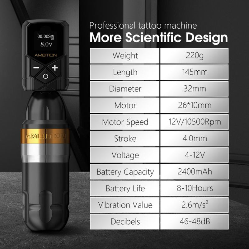 Ambition Shura Rotary Tattoo Machine With Kuark Wireless Tattoo Batter