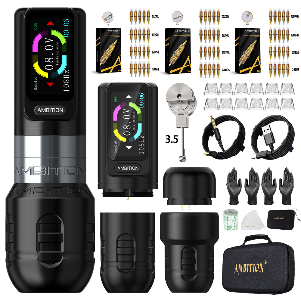 Ambition Zetton Wireless Tattoo Machine Pen Kit 60pcs Tattoo Cartridges